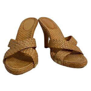 BCBG MAX AZRIA Women's Beige Weaved Leather Cone Heel Mules Size 9 EUR 39 NWOT